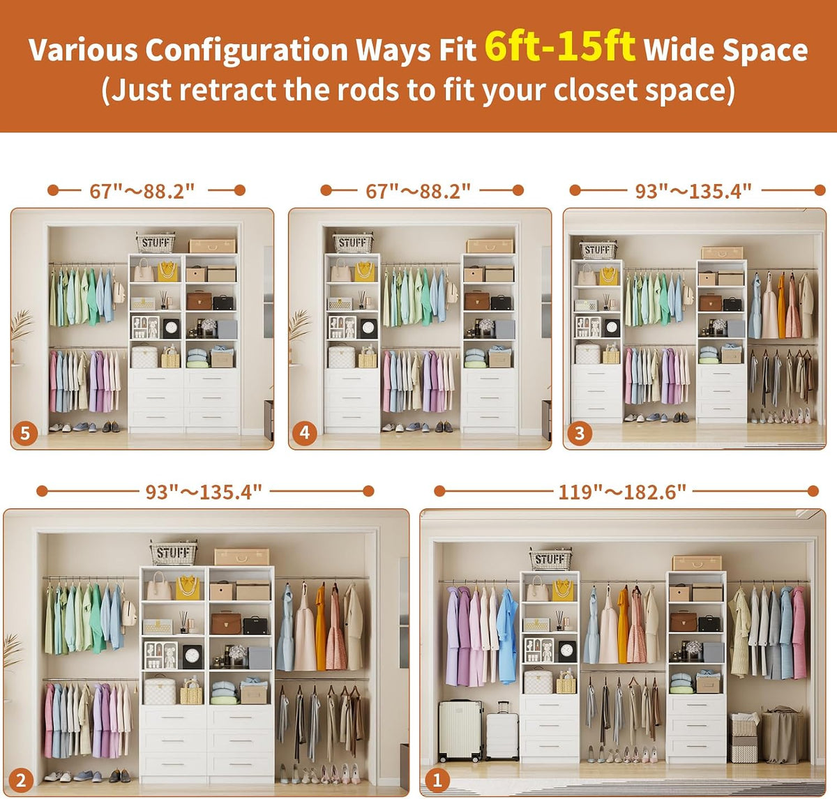 closet system with 6 drawers, 5-14ft custom closet, close-up detail
