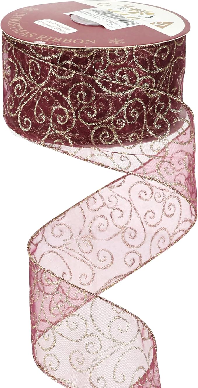 MEEDEE Red Gold Swirl Wired Ribbon 2.5 Inch Dark Red Sheer Ribbon by MEEDEE