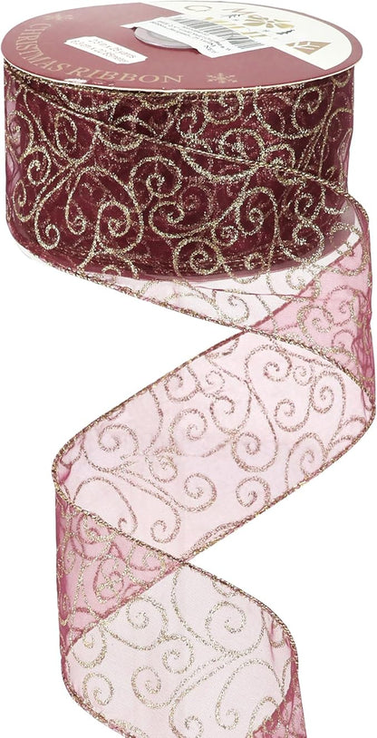 MEEDEE Red Gold Swirl Wired Ribbon 2.5 Inch Dark Red Sheer Ribbon by MEEDEE
