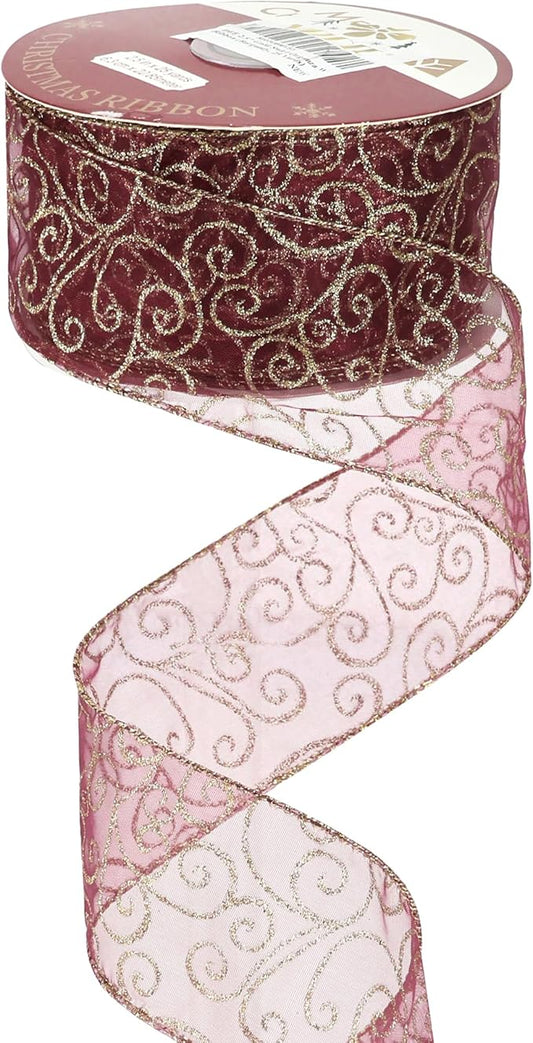 MEEDEE Red Gold Swirl Wired Ribbon 2.5 Inch Dark Red Sheer Ribbon by MEEDEE