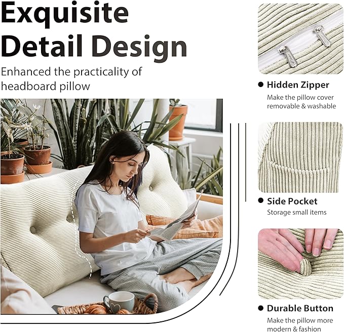 WOWMAX 100% Cotton Corduroy Headboard Pillow – Twin Size Back Support Reading - Image 4