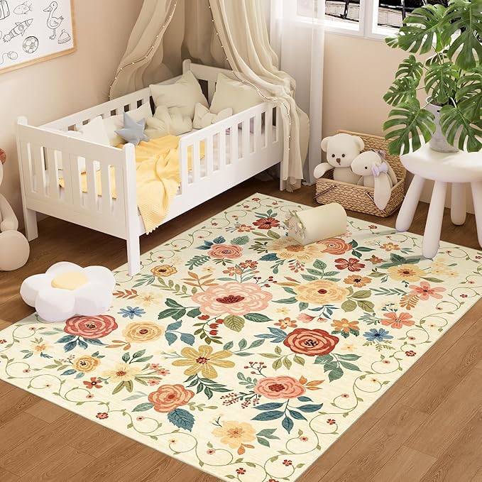 DUKINO 4x6 Area Rug, Lightweight Non Slip Washable Floral Rug, Indoor Low Pile by DUKINO