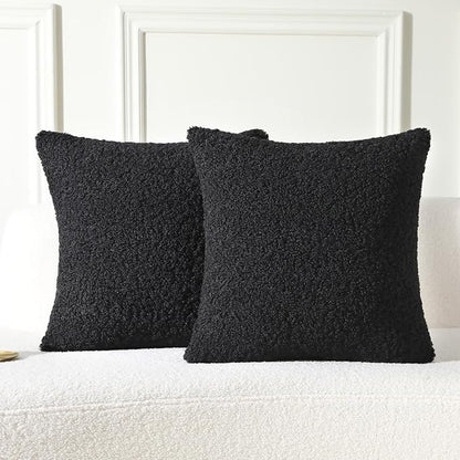 FUTEI Black Throw Pillow Covers 18x18 Inch Set of 2, Furry Faux Fur Teddy by FUTEI