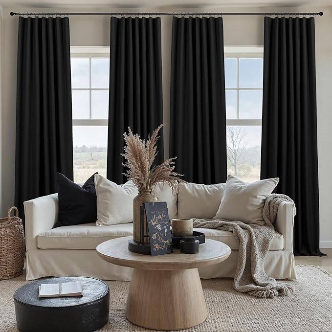 Black Linen Blackout Curtains for Living Room 96 Inches Long 2 Panels Set Back - Image 2