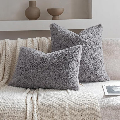 Neelvin Set of 2 Faux Fur Throw Pillow Covers 22x22 Inch Darkgrey Cozy Soft - Image 3