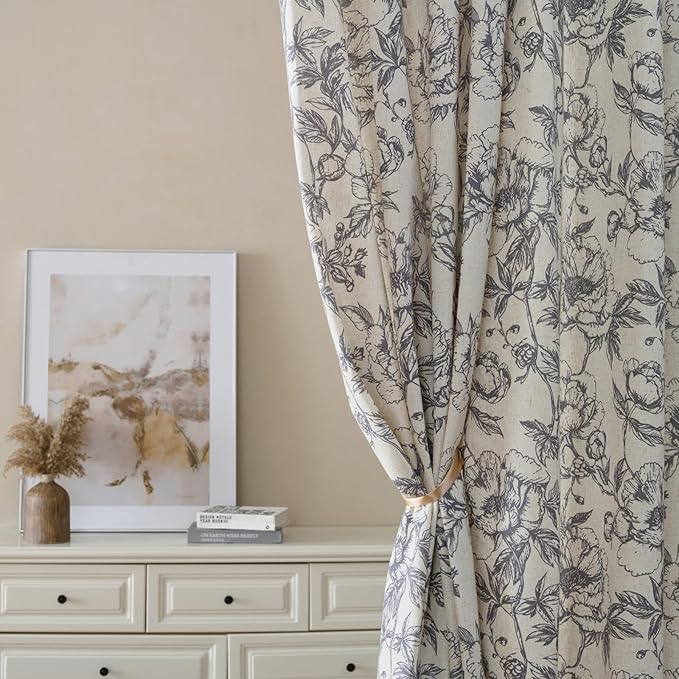 Taupe Floral Linen Curtains for Living Room Bedroom 84 Inches Long Rustic Peony - Image 3