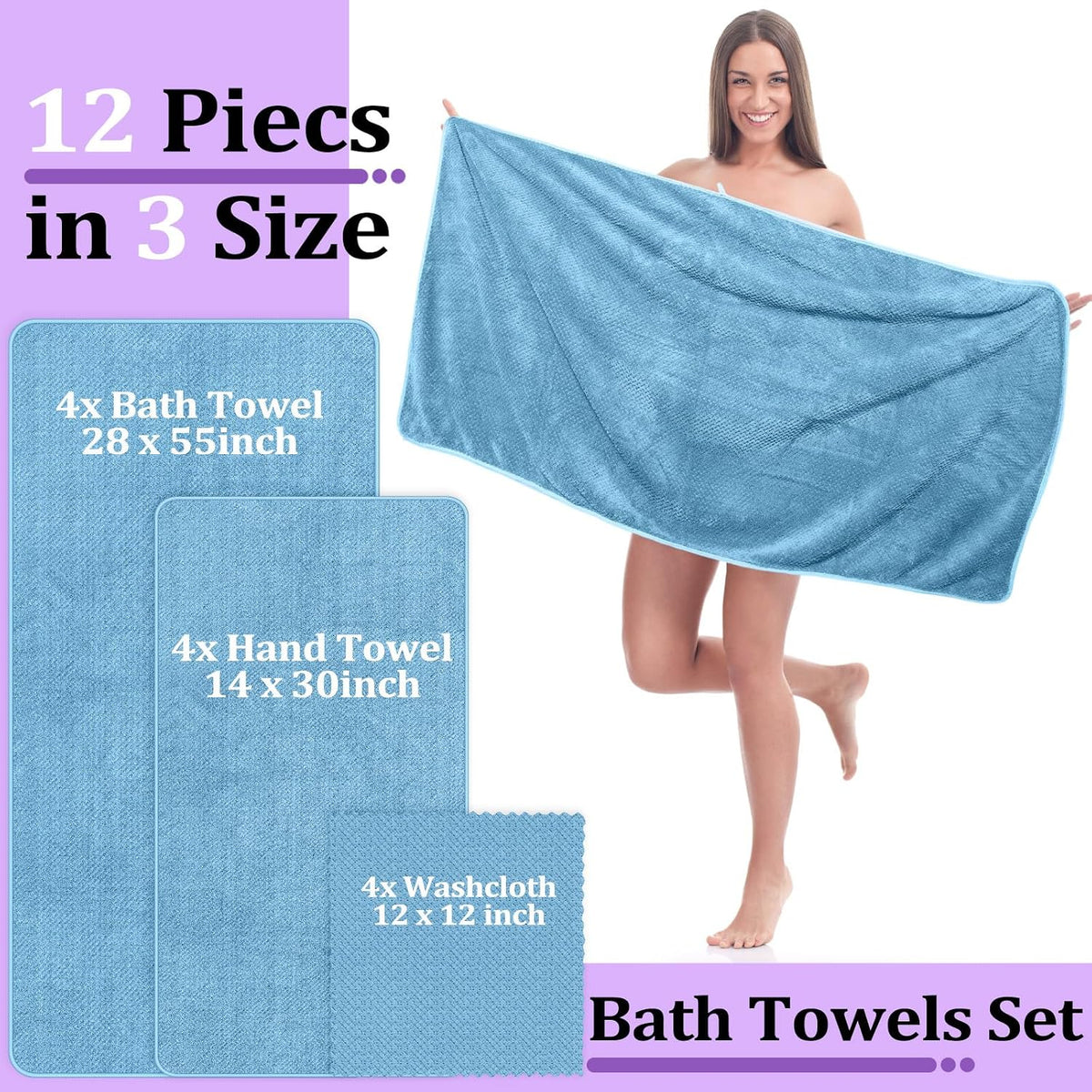 preboun 12 pcs bath towels set washcloths microfiber,pastel, side view