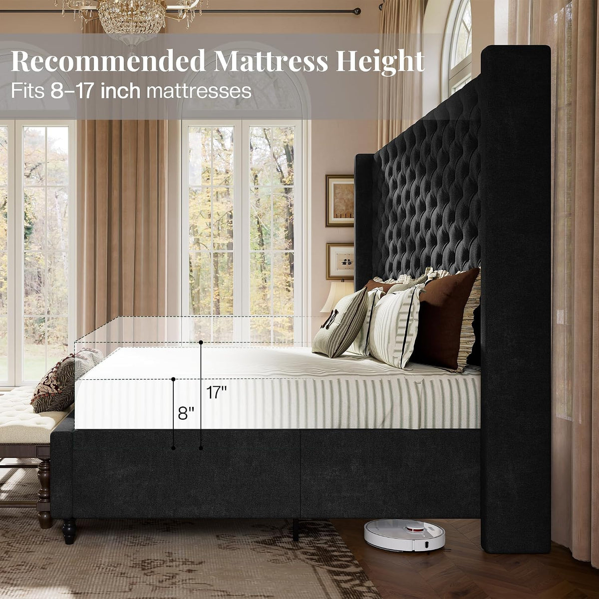 jocisland queen bed frame with 63" tall wingback on a desk or shelf