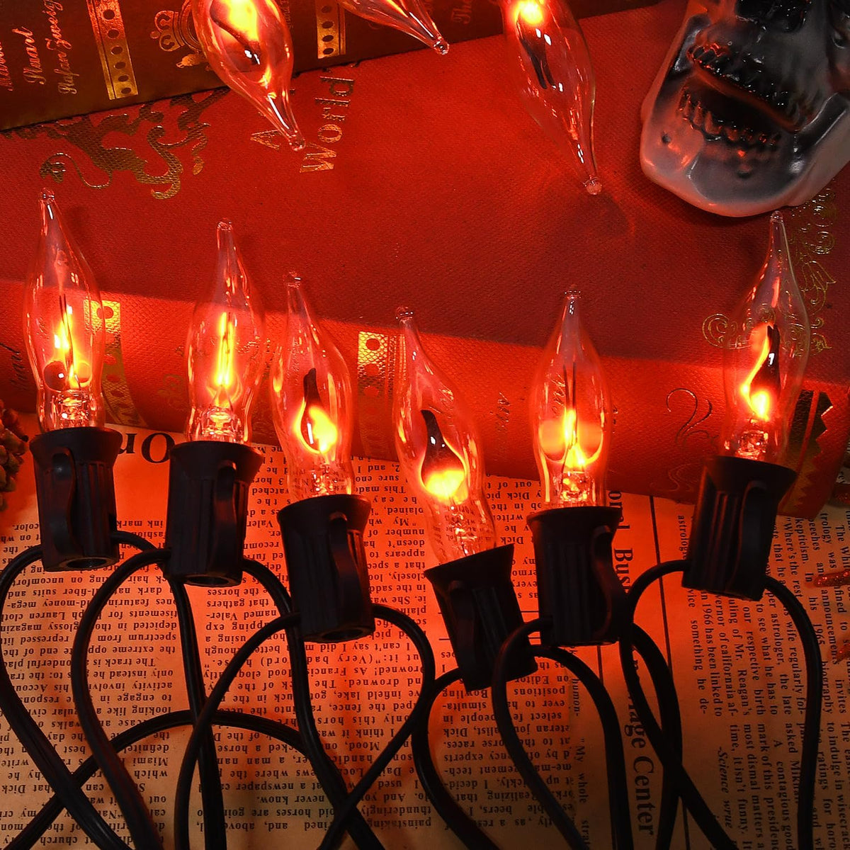 PASUTO 27.8Ft Halloween Decor Lights Flickering Flame String Lights with 25+4 Pack Clear Glass Flame Light Bulbs for Fall Decor Halloween Decorations Indoor Outdoor Home Party Fireplace, E12 Base