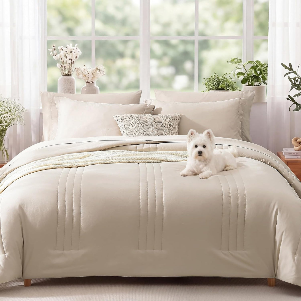 full size comforter sets-7 pieces beige soft bed shown in use