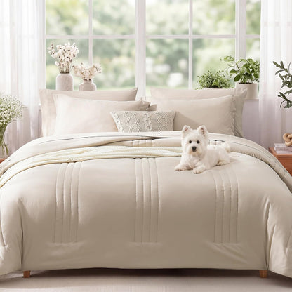 full size comforter sets-7 pieces beige soft bed shown in use