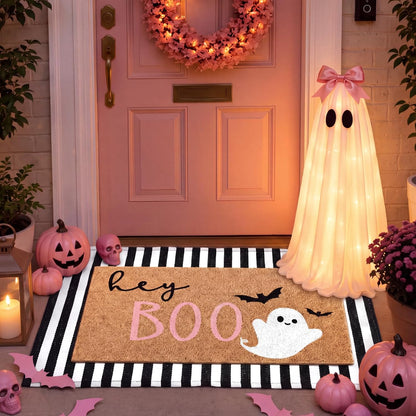 Duraaamo 2 Pcs Halloween Door Mat Outdoor, Ghost Pink Boo Style, Non Slip