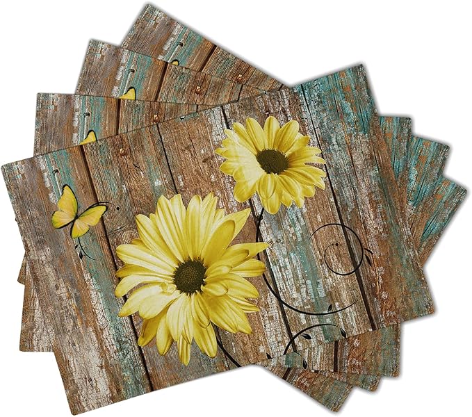 Giwawa Rustic Daisy Placemats Set of 4- Yellow Sunflowers Vintage Wood Board - Image 2