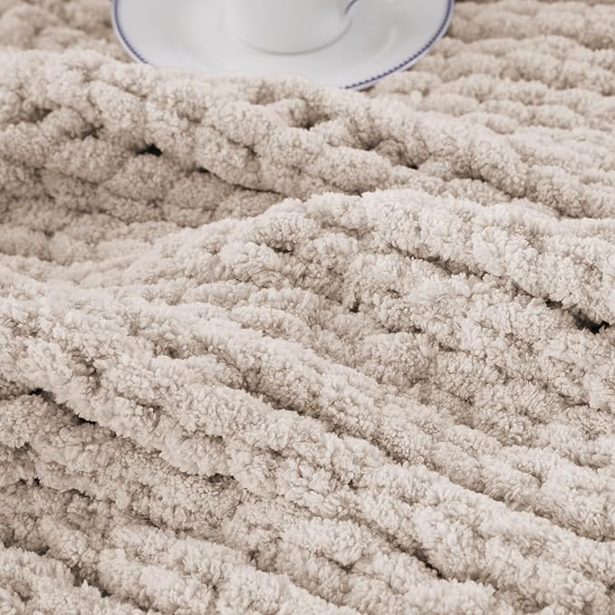 Battilo Beige Chunky Knit Throw Blanket, Soft and Thick Cream Chenille Throw - Image 7