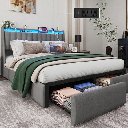 full size bed frame with upholstered storage headboard, main product view