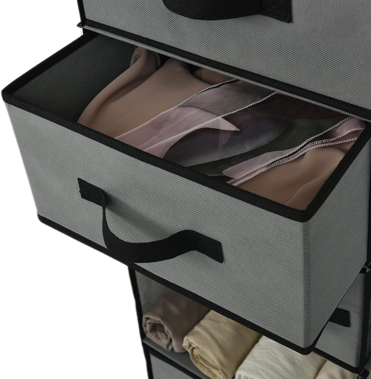 granny says hanging closet organizer, 5 drawers, 6 on a desk or shelf