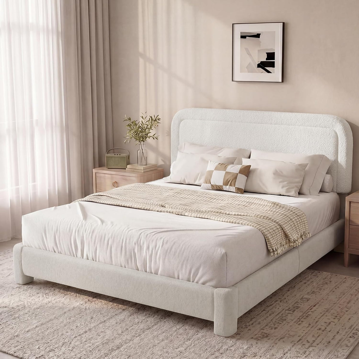 vipbear boucle queen size bed frame with adjustable, front angle view
