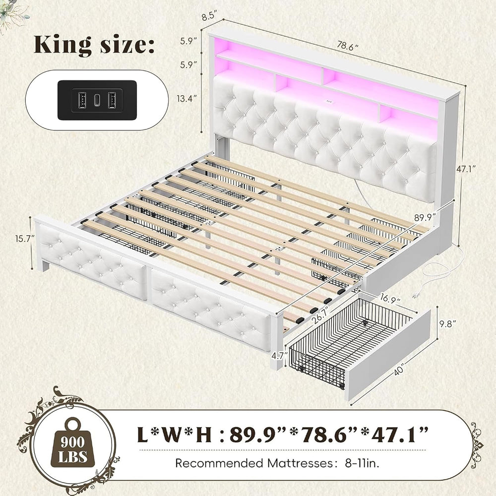 EnHomee King Size Bed Frame with 4 Storage Drawers & Charging Station