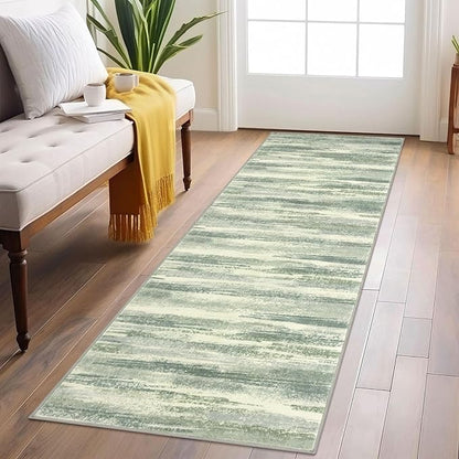 Modern Abstract Runner Rug 2x6, Sage Green Grey Washable Entryway Runner by lansny
