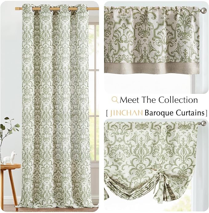 jinchan Linen Valance Curtain for Kitchen Vintage Damask Floral Blackout - Image 9