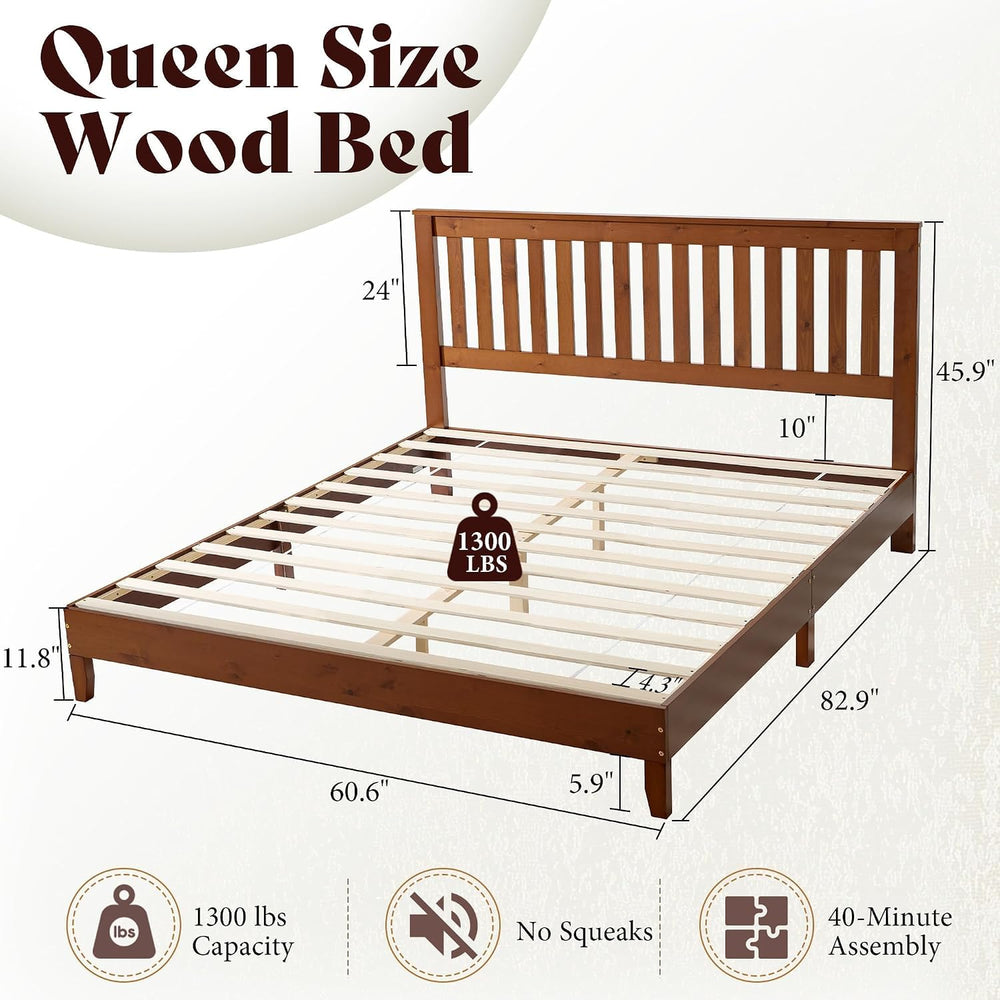 AMERLIFE Solid Wood Queen Size Bed Frame with 45.9" Headboard, Walnut