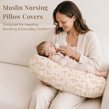 Konssy 2-Pack Muslin Nursing Pillow Covers, Soft & Adorable Nursing Covers for Breastfeeding Pillows, Slipcovers for Newborn Boys & Girls(Pink, Floral)