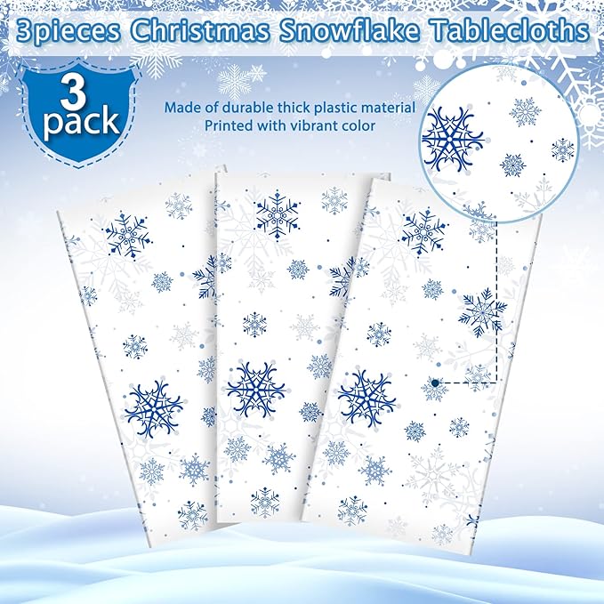 3 Pieces Snowflake Christmas Party Tablecloth Decorations, Plastic White - Image 3