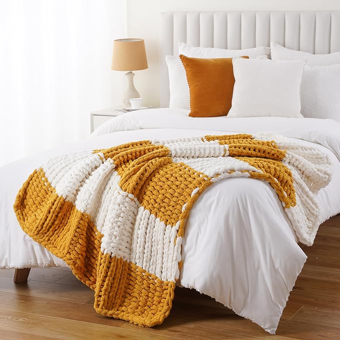 Battilo Mustard Yellow Chunky Knit Throw Blanket, Soft and Thick Chenille Throw - Image 4
