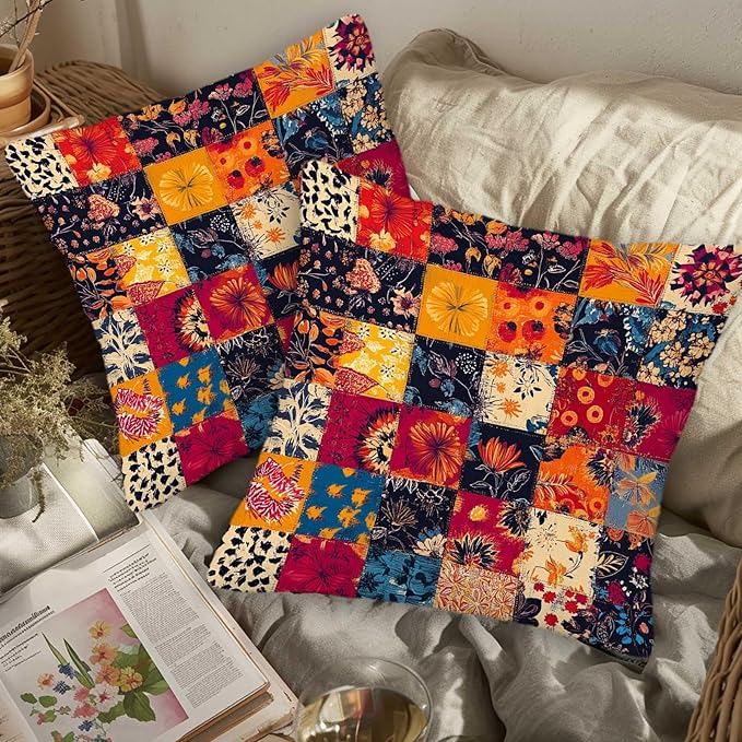 Printed Patchwork Inspired Throw Pillow Covers 18x18 Set of 2 | Floral Quilt - Image 3