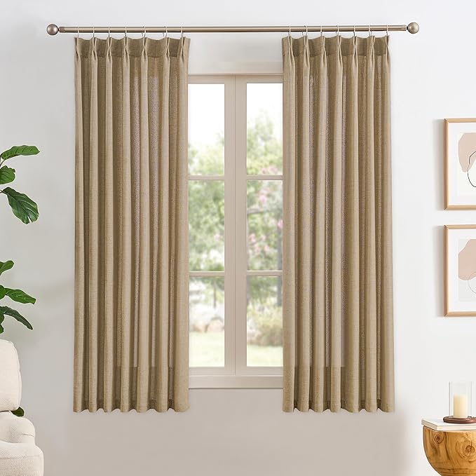 Dark Flax Pinch Pleated Linen Curtains 63 Inches Long Semi Sheer Memory Trained by RAIN+CITY
