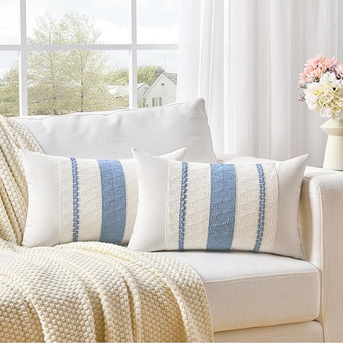 Fancy Homi Set of 2 Boho Light Blue Lumbar Decorative Throw Pillow Cover 12x20 by Fancy+Homi