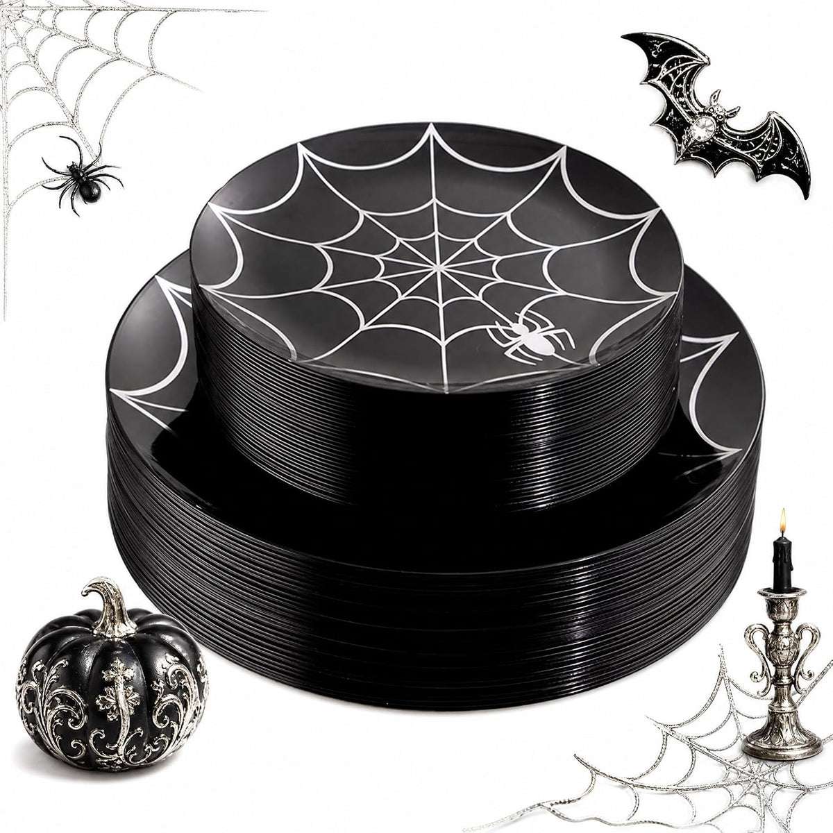 NOCCUR 60PCS Halloween Plastic Plates - 30 Black Dinner/Dessert Plates - Ideal for Halloween Party