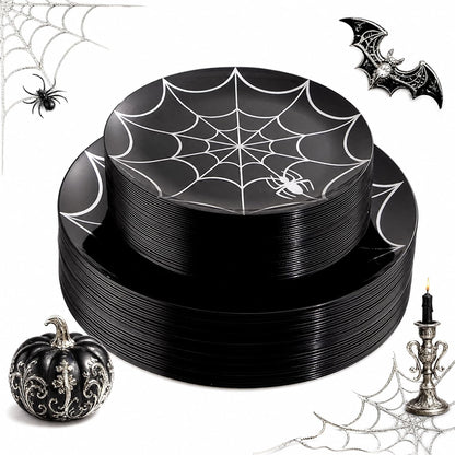 NOCCUR 60PCS Halloween Plastic Plates - 30 Black Dinner/Dessert Plates - Ideal for Halloween Party