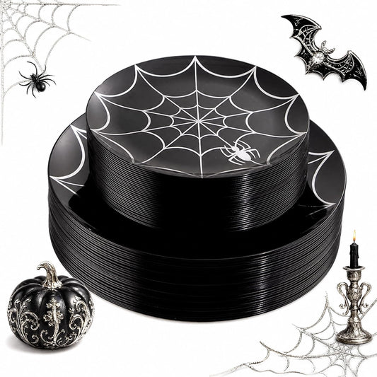 NOCCUR 60PCS Halloween Plastic Plates - 30 Black Dinner/Dessert Plates - Ideal for Halloween Party
