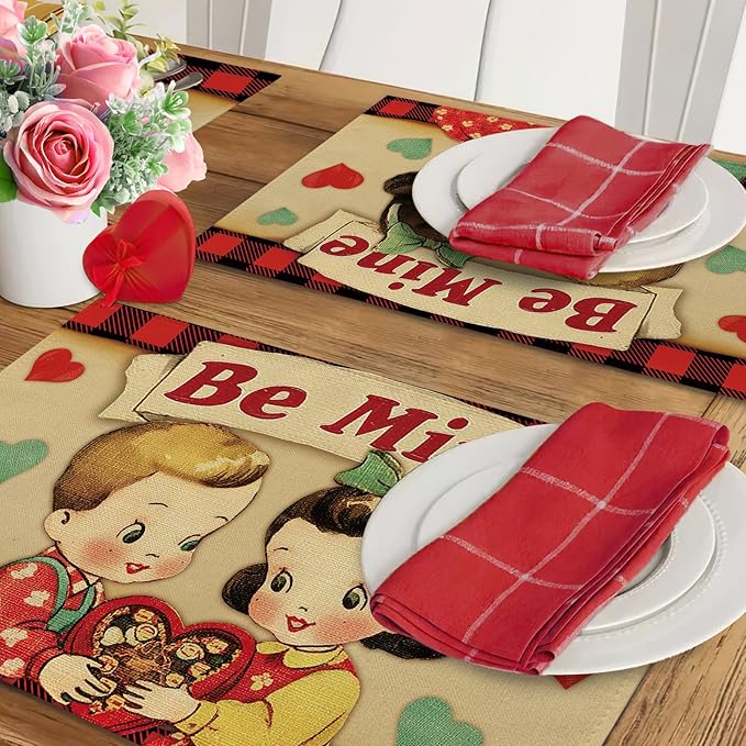 Vintage Valentines Day Kids Placemats Set of 4, Retro Boy Girl Red Blue Love - Image 5
