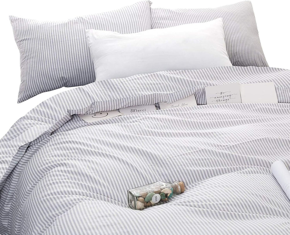 Wake In Cloud - Striped Cotton Duvet Cover Set, Ticking Stripe Pinstripe Farm...
