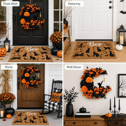Thiccywoov 2 Pcs Halloween Black Cat Doormat and Wreath Sets for Front Door