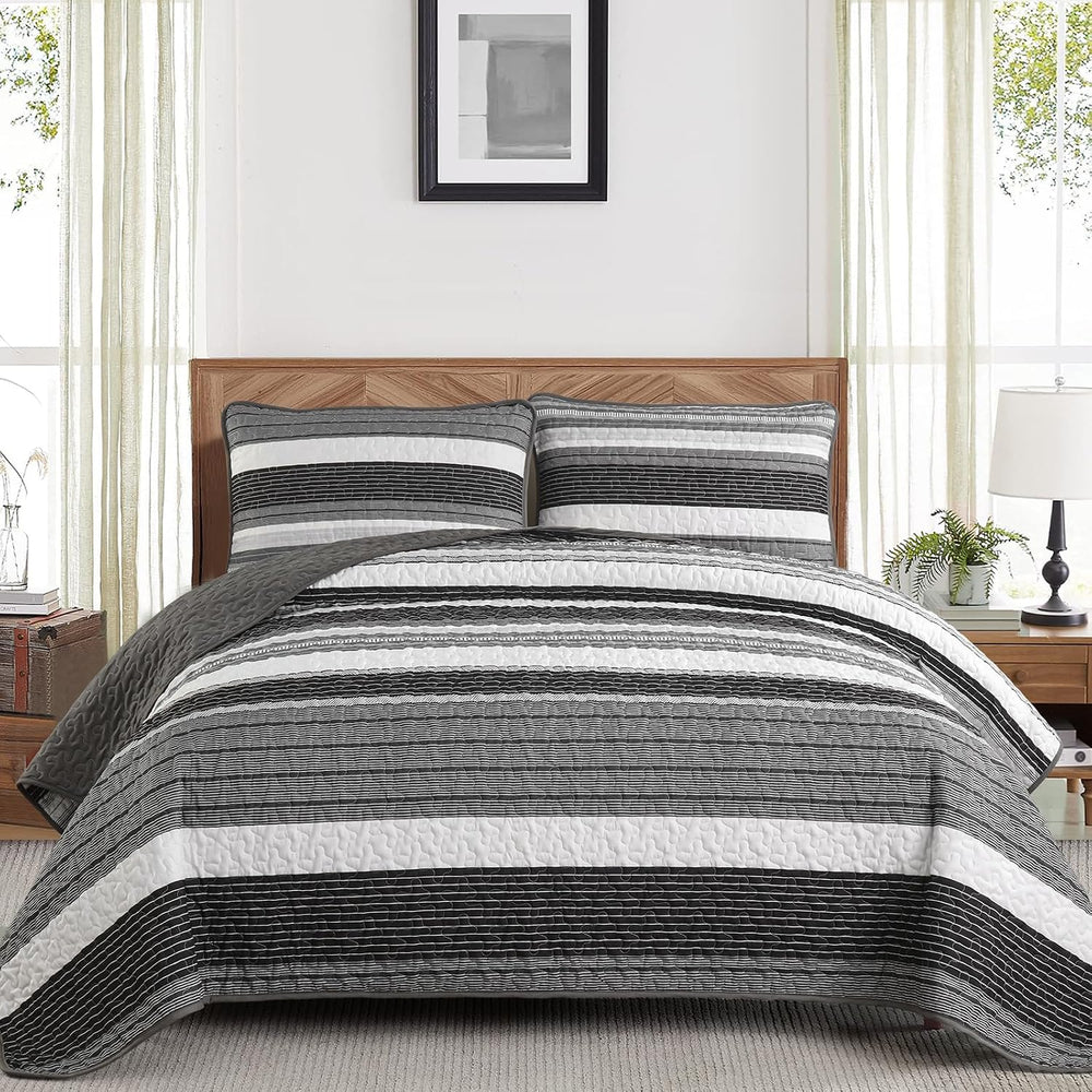 Djoymock Quilt Set Full Size, 3 Pieces Patchwork Striped Bedding Set, Grey