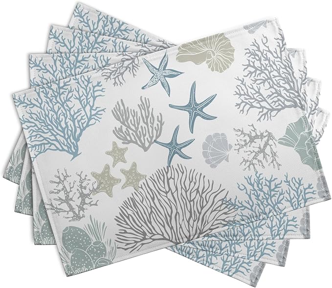 Summer Linen Placemats Set of 4 Nautical Coastal Theme Washable Non-Slip Heat - Image 2