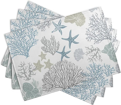 Summer Linen Placemats Set of 4 Nautical Coastal Theme Washable Non-Slip Heat - Image 2