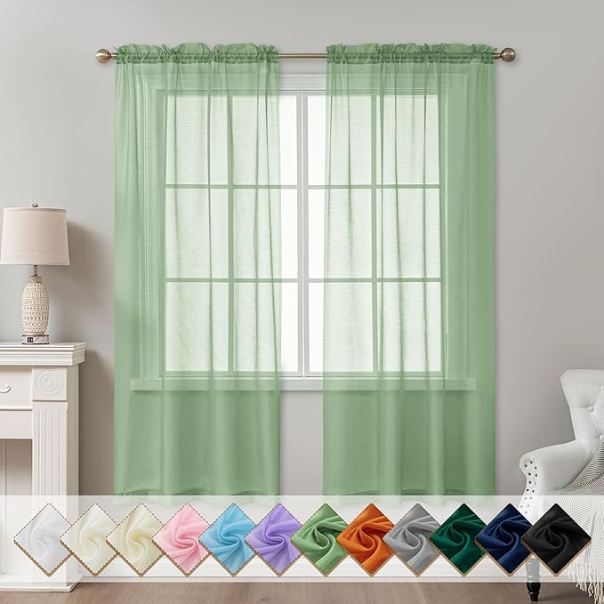 Sage Green Sheer Curtains 72 Inches Long, Privacy Semi Sheer Curtains by ABLUEN