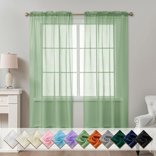 Sage Green Sheer Curtains 72 Inches Long, Privacy Semi Sheer Curtains by ABLUEN