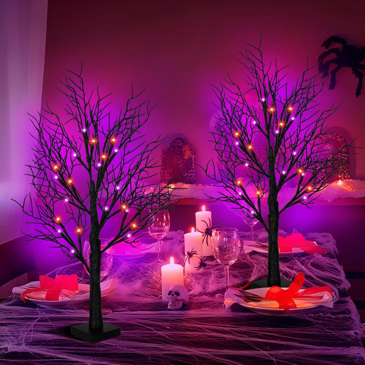 Halloween Decorations Indoor 2 Pack 24 Inch Black Halloween Tree with 48 Orange Purple Led Lights, Timer/USB/Battery Operated Lighted Tabletop Spooky Tree for Table Home Office Party Decor