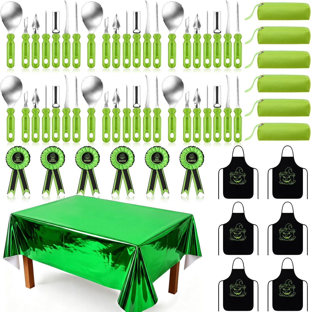 LemonRoad 20 Pcs Halloween Pumpkin Carving Kit Includes 6 Carving Tools, 2 Tablecloth, 6 Awards Ribbon, 6 Apron, Halloween Decor for Pumpkin Party supplies