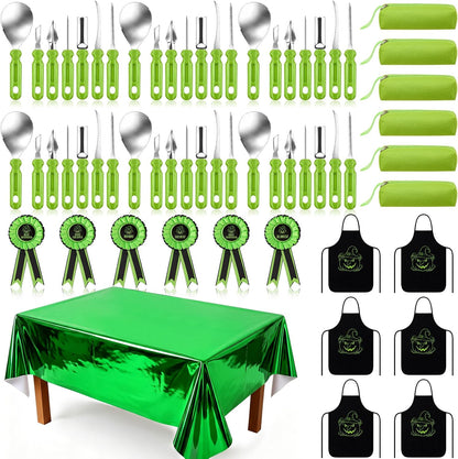 LemonRoad 20 Pcs Halloween Pumpkin Carving Kit Includes 6 Carving Tools, 2 Tablecloth, 6 Awards Ribbon, 6 Apron, Halloween Decor for Pumpkin Party supplies