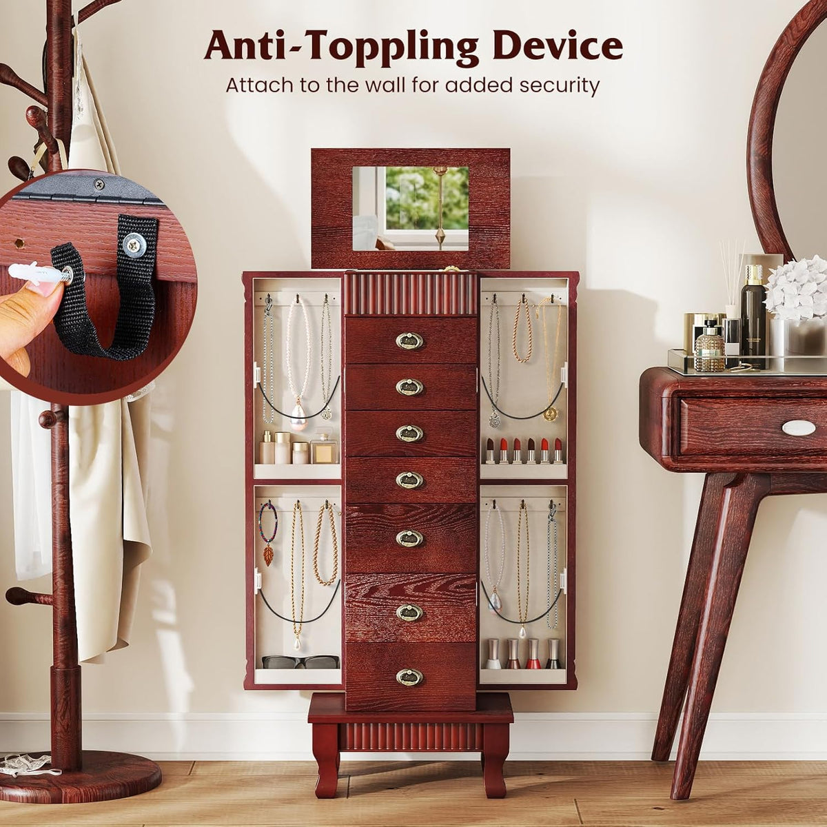 giantex standing jewelry cabinet with 7 drawers, flip-top, front angle view