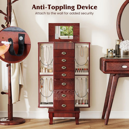 giantex standing jewelry cabinet with 7 drawers, flip-top, front angle view