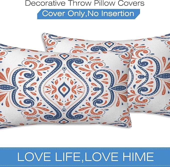 Throw Pillow Covers Blue and Orange Floral Pillow Covers 20x12 Inch Set of 2 - Image 3