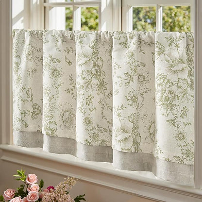 jinchan Linen Kitchen Curtain 24 Inch French Floral Double Layer Curtain - Image 5