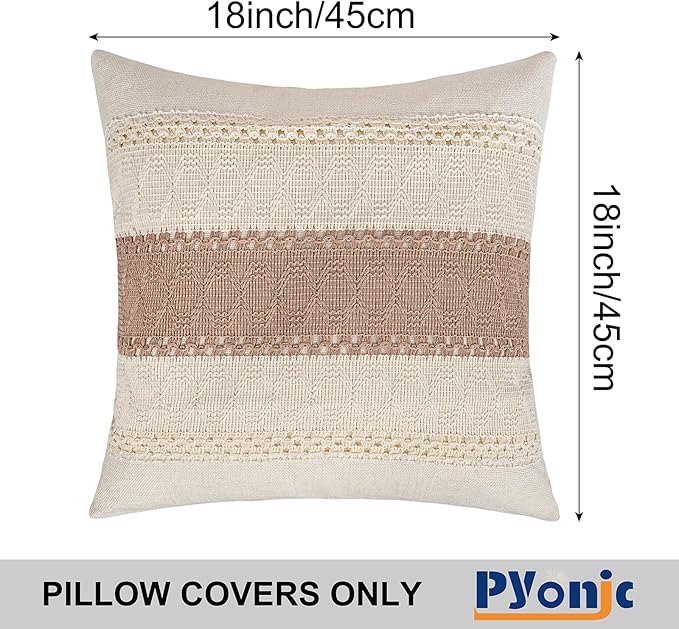 Pyonic Pack of 2 Boho Throw Pillow Covers 18x18 Inch Farmhouse Decorative Throw - Image 3